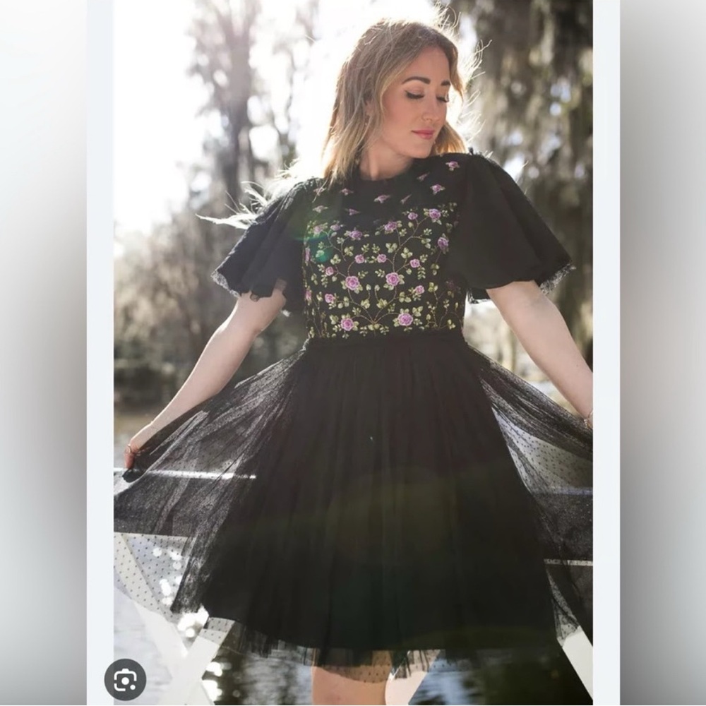 Ivy City Co Black Dress with Pink Floral Embroidery